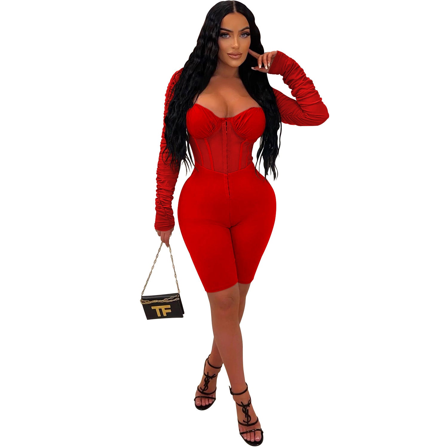 Fashion Women's Solid Color Long Sleeve Short Pants Mesh Sheer Jumpsuit