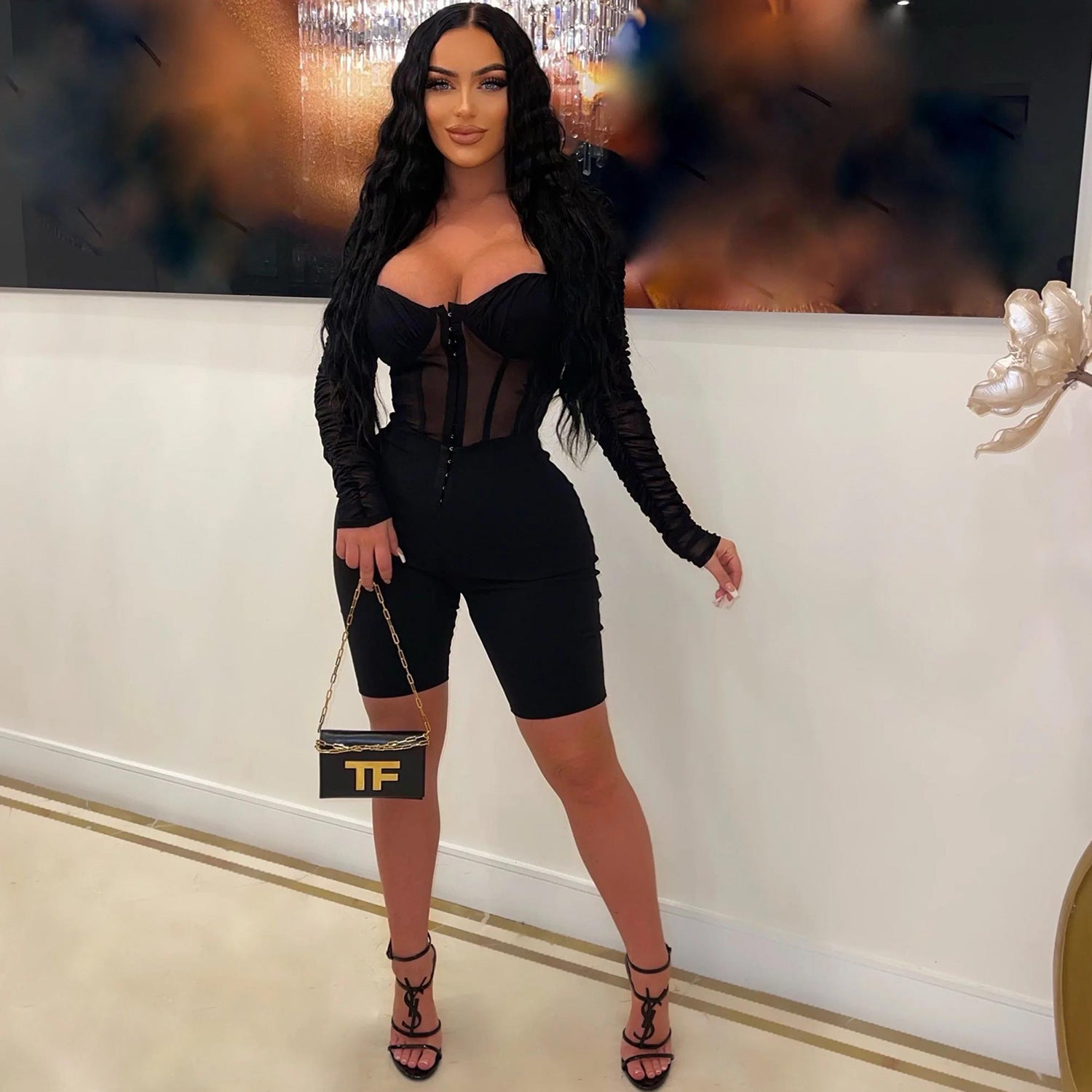 Fashion Women's Solid Color Long Sleeve Short Pants Mesh Sheer Jumpsuit