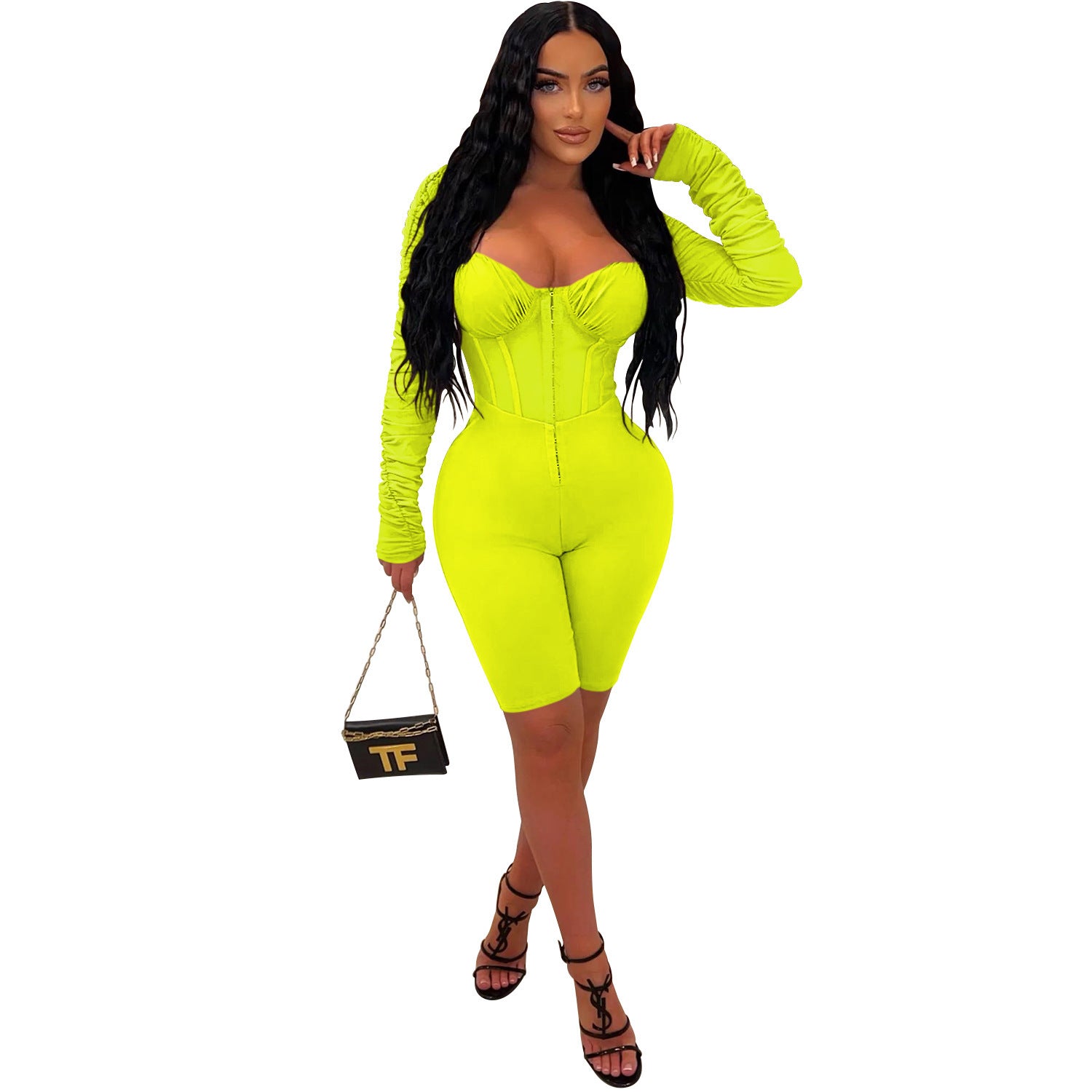 Fashion Women's Solid Color Long Sleeve Short Pants Mesh Sheer Jumpsuit