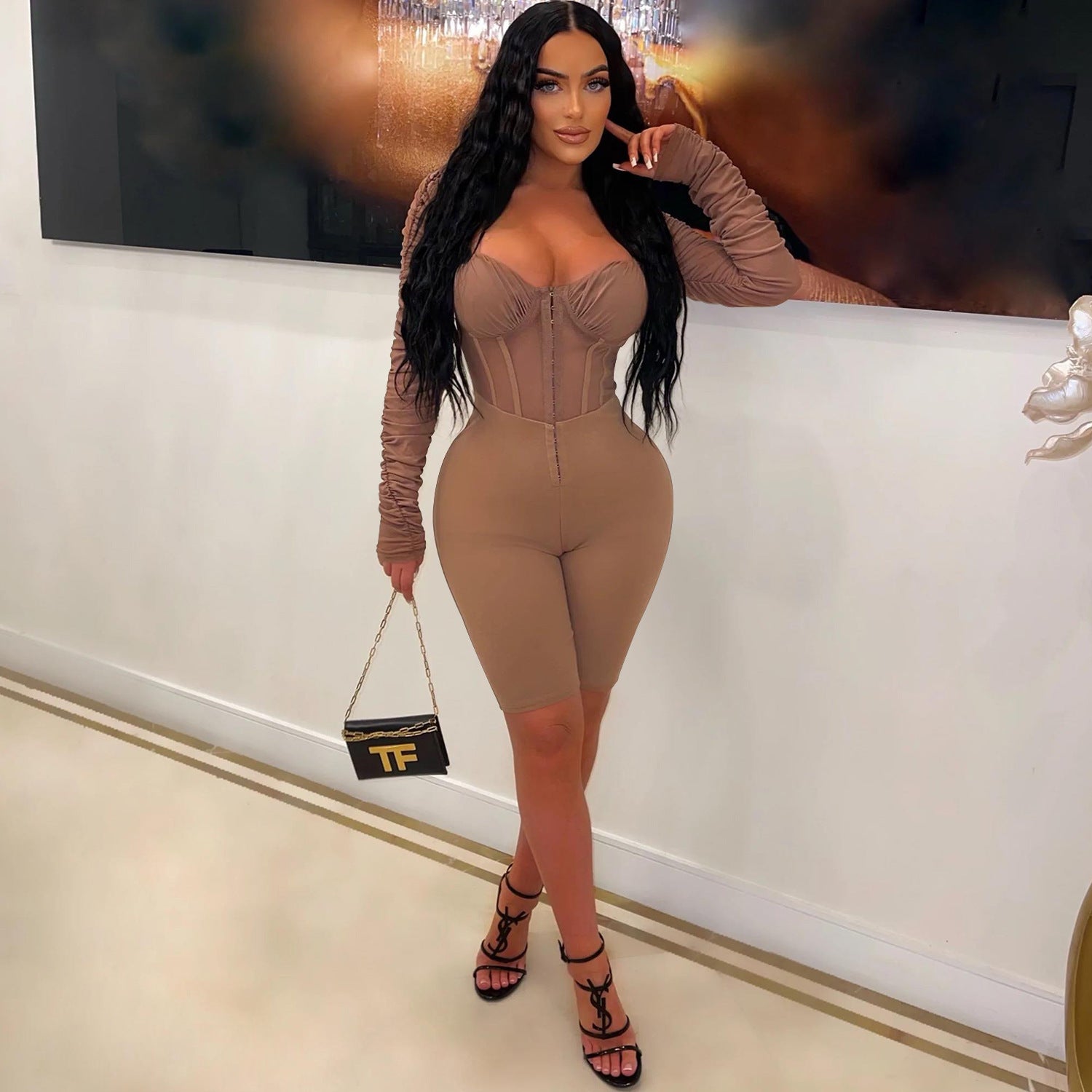 Fashion Women's Solid Color Long Sleeve Short Pants Mesh Sheer Jumpsuit