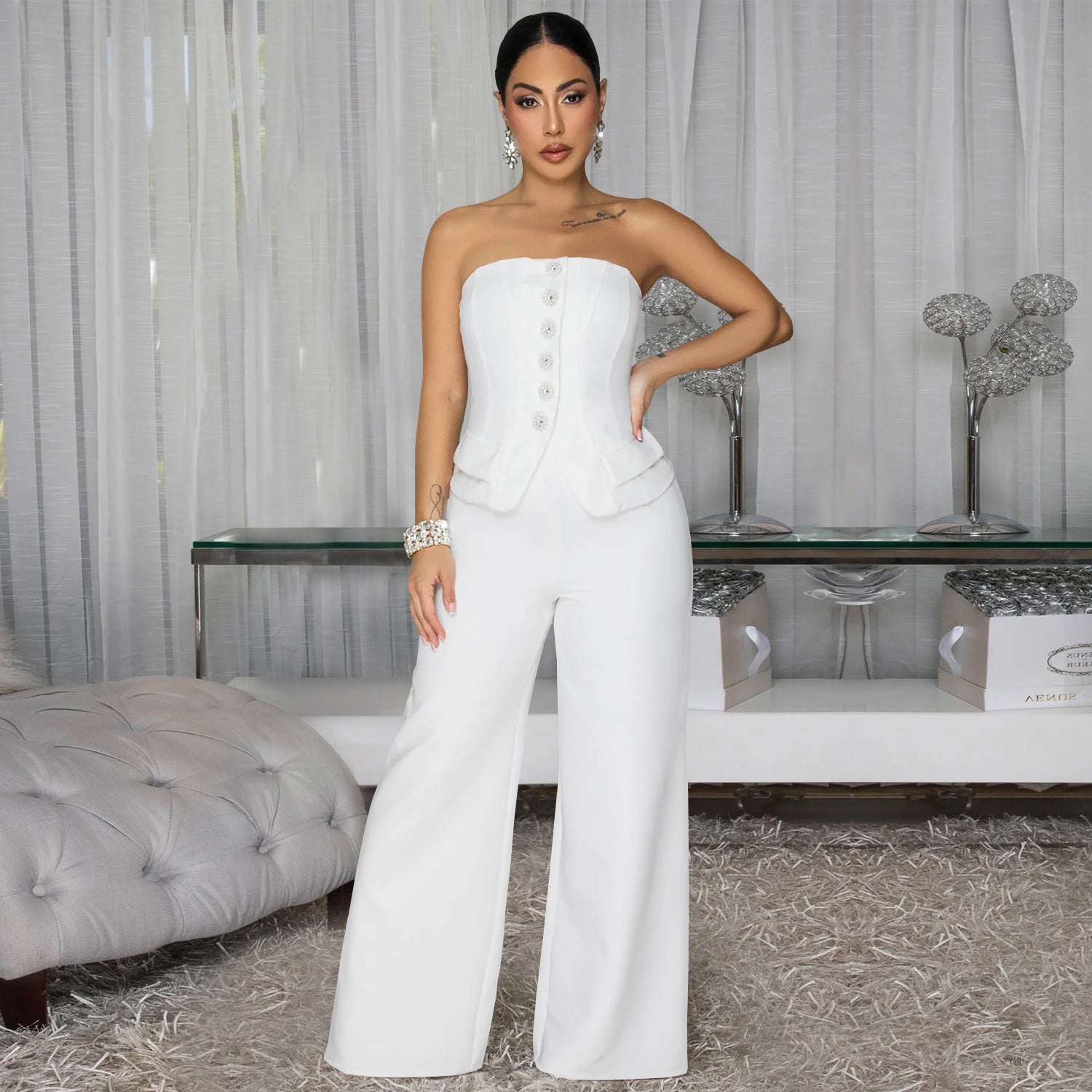 Fashion Women's Sexy Strapless Backless Casual Wide-Leg Jumpsuit