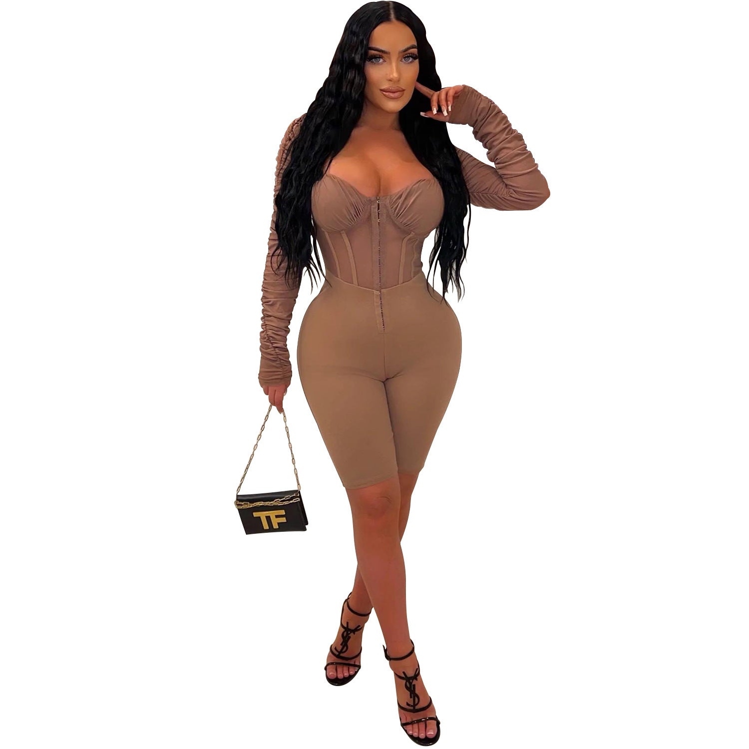 Fashion Women's Solid Color Long Sleeve Short Pants Mesh Sheer Jumpsuit