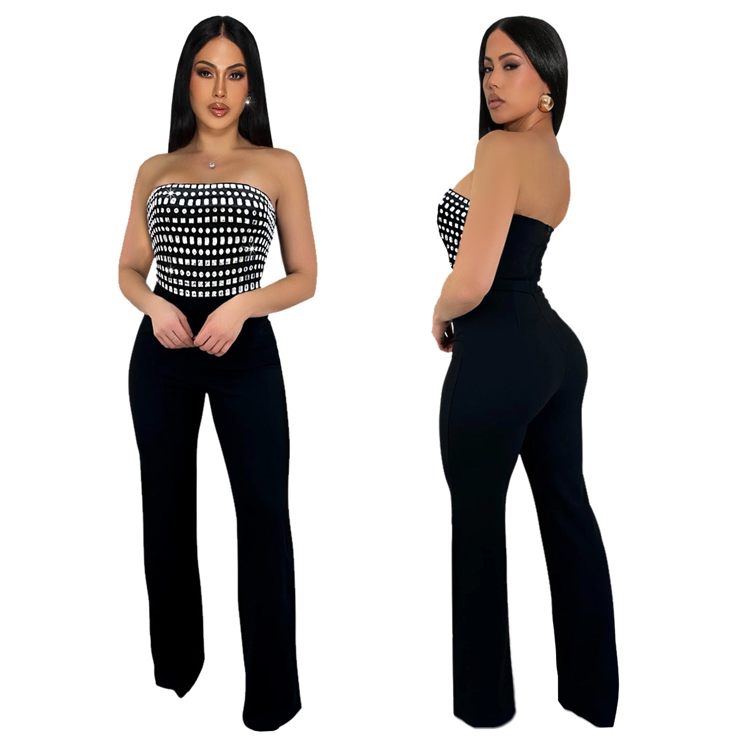 Style Summer Rhinestone Bodysuit, Sexy Strapless, Unique Straight Fit Solid Color Long Pants for Women