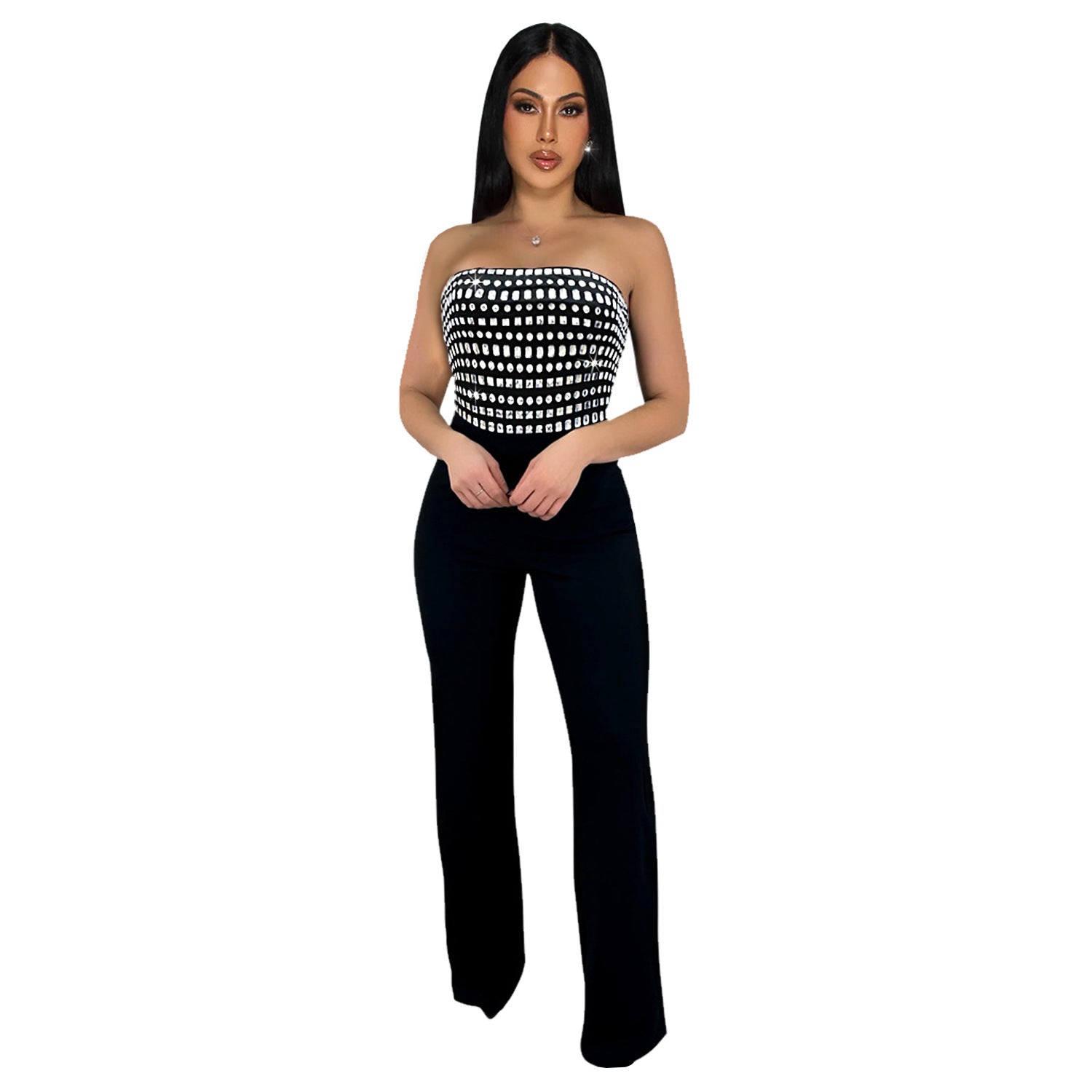 Style Summer Rhinestone Bodysuit, Sexy Strapless, Unique Straight Fit Solid Color Long Pants for Women