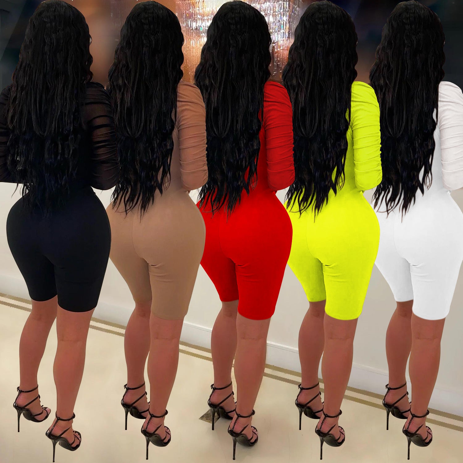 Fashion Women's Solid Color Long Sleeve Short Pants Mesh Sheer Jumpsuit