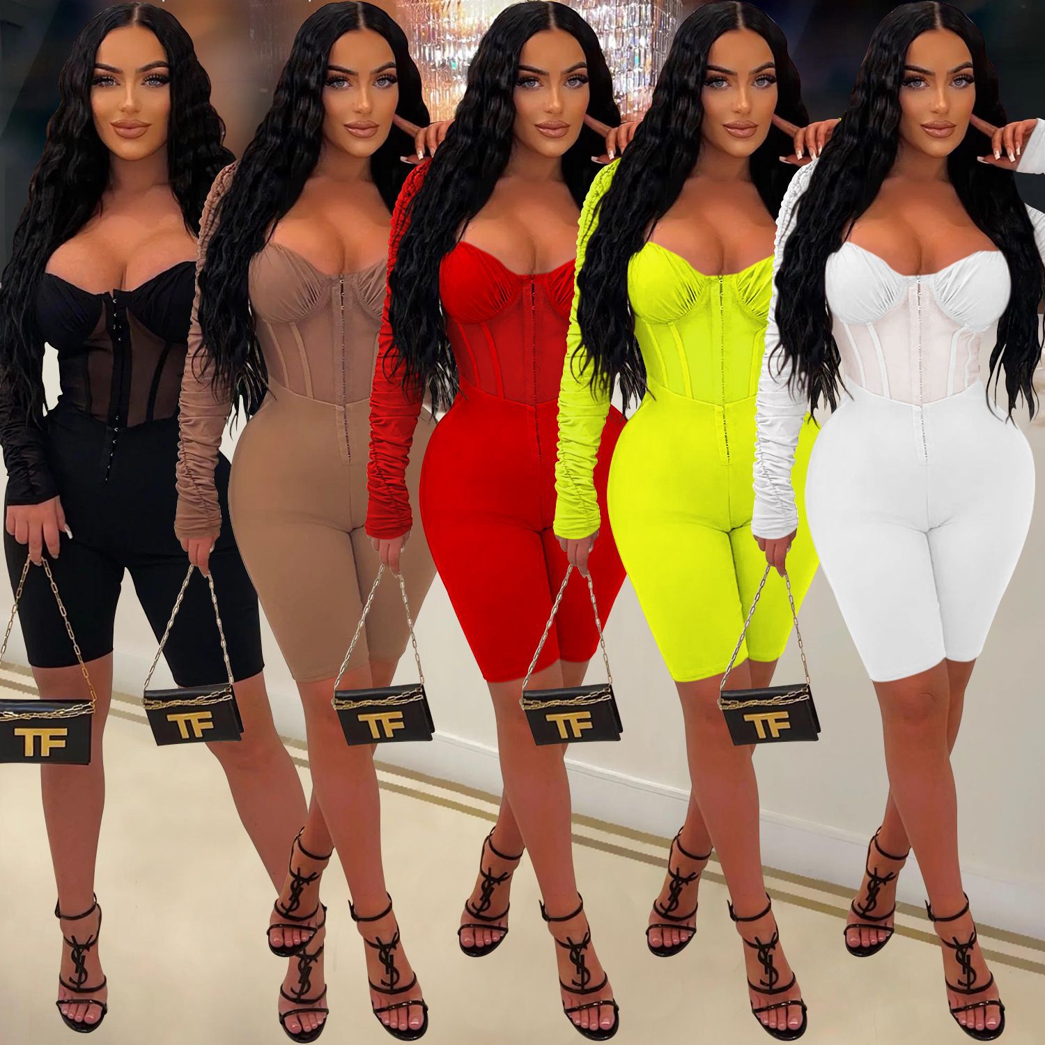 Fashion Women's Solid Color Long Sleeve Short Pants Mesh Sheer Jumpsuit