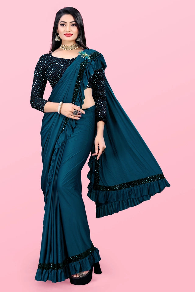 Velamour Sea Green Lycra Blend Saree