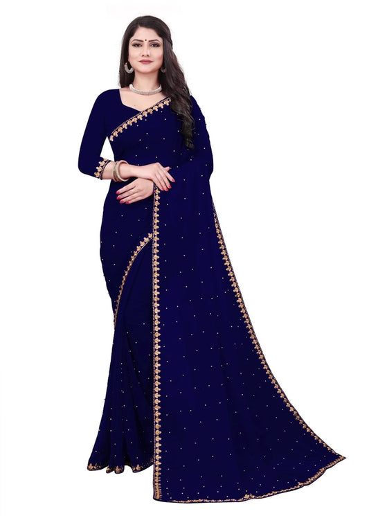Navy Blue Lycra Blend Solid Saree (6.3 m)